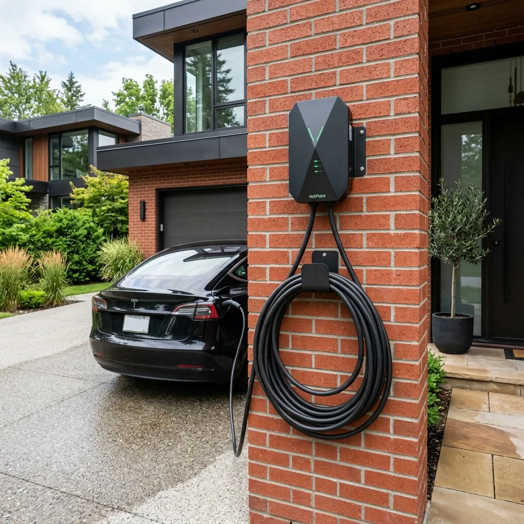 Sleek EV lader geïnstalleerd op een oprit van een woning