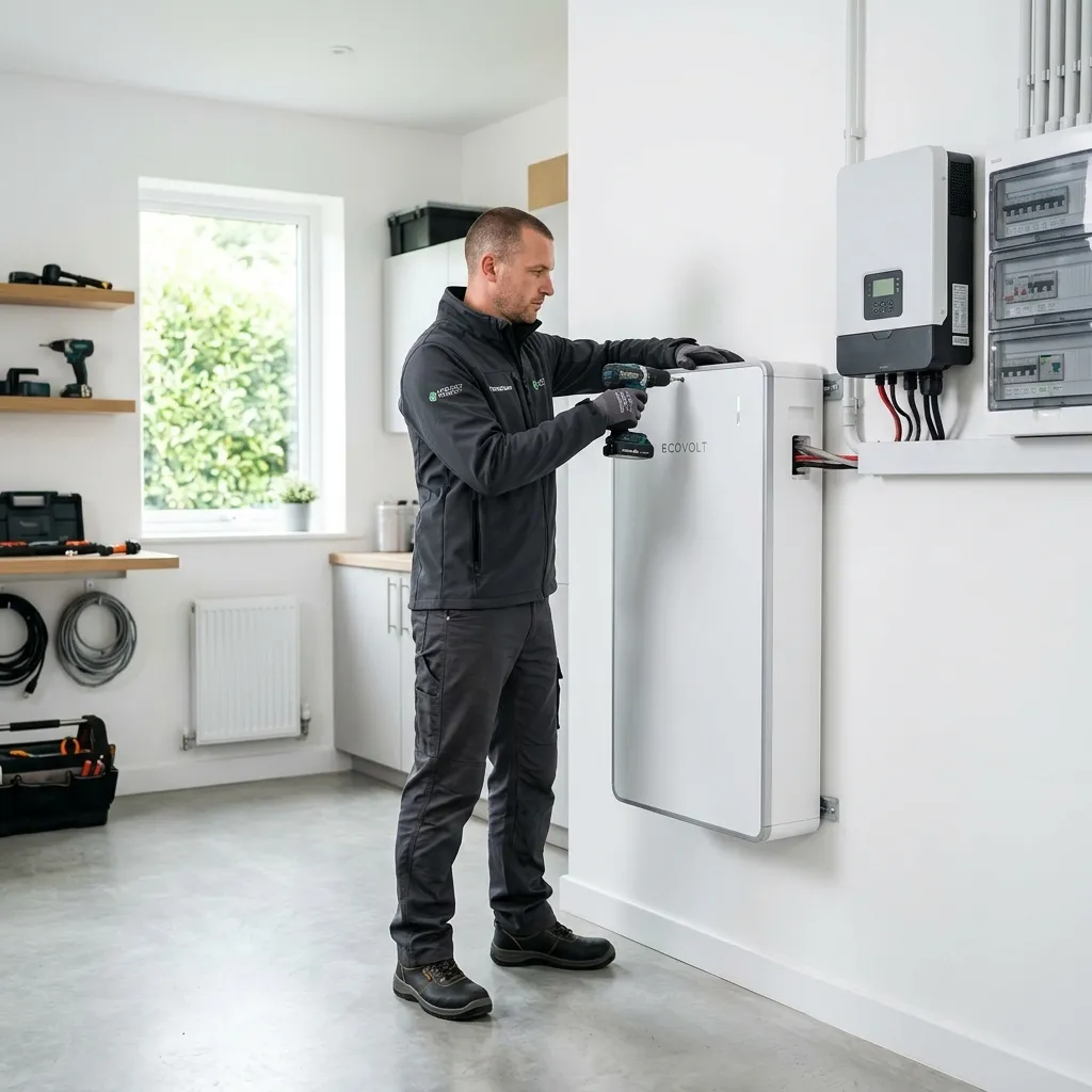 EnergieBase gecertificeerde installateur monteert een moderne thuisbatterij op de muur