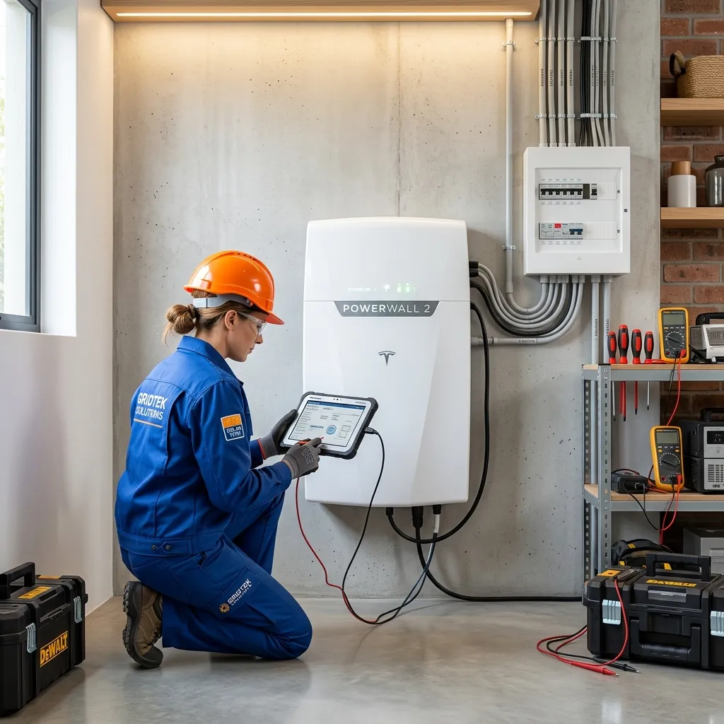 EnergieBase technisch specialist controleer een witte thuisbatterij installatie